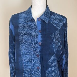 Zion Blue Button Tunic Shirt Jacket Lightweight Abstract Geometric Artsy Women L
